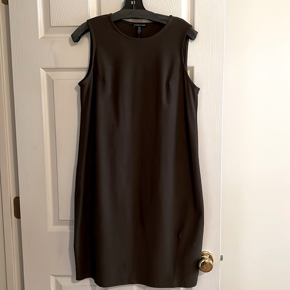Eileen Fisher sleeveless shift dress in olive green